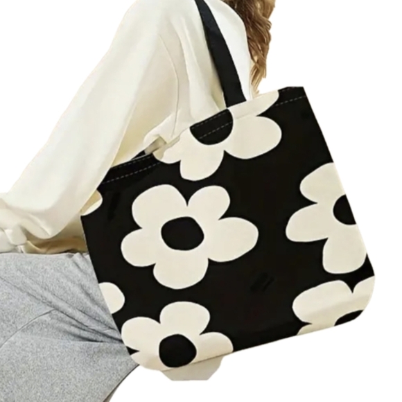 Beach Bag Large Carryall Tote Bags Purse Black White Floral Waterproof Totes - Picture 1 of 8